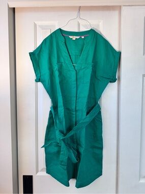 Boden Green Linen Tie-Waist Dress w/ Pockets